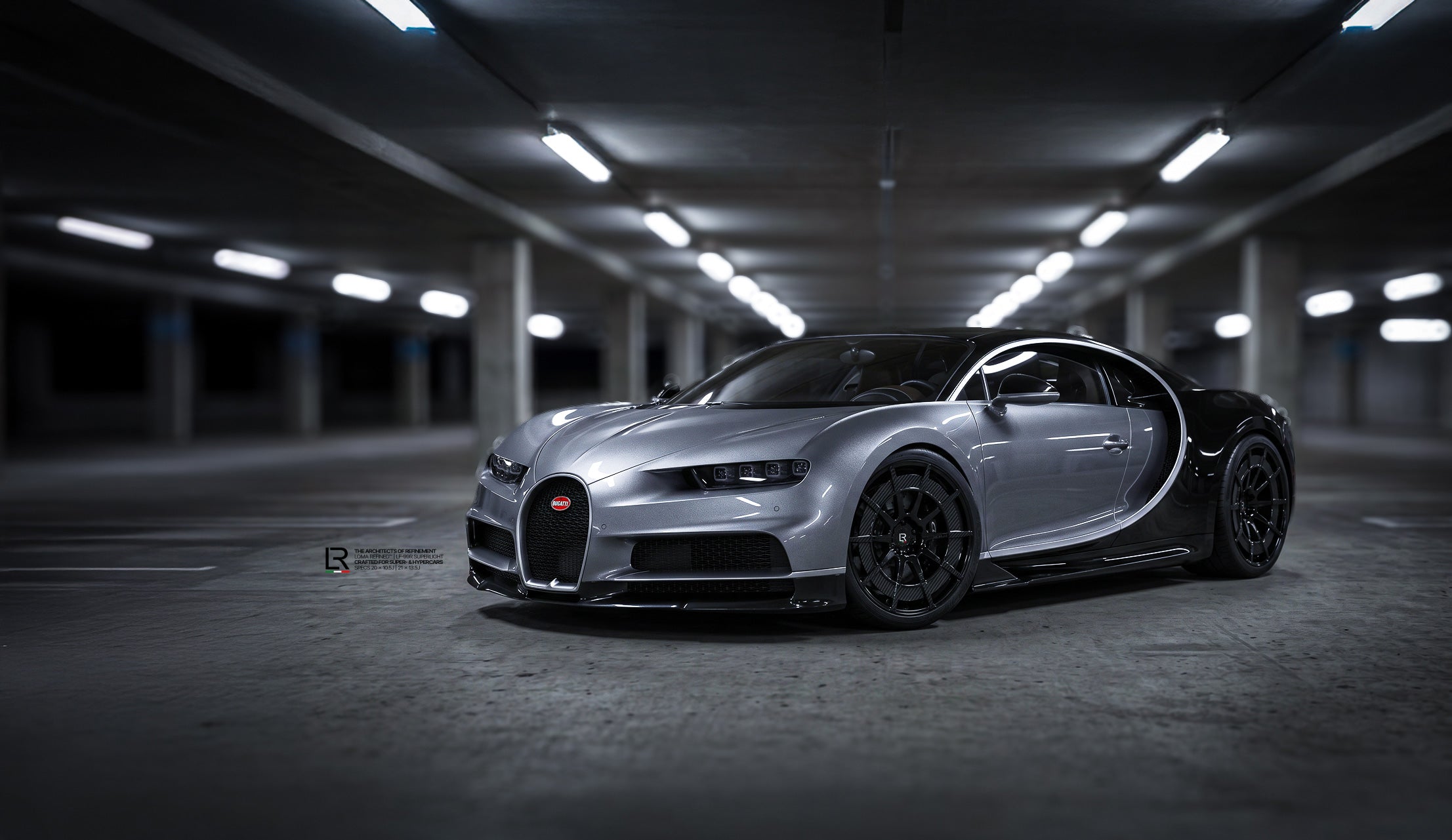 Low side view of a customized Bugatti Chiron highlighting the flush fitment of the LOMA LF-99R custom forged wheels.