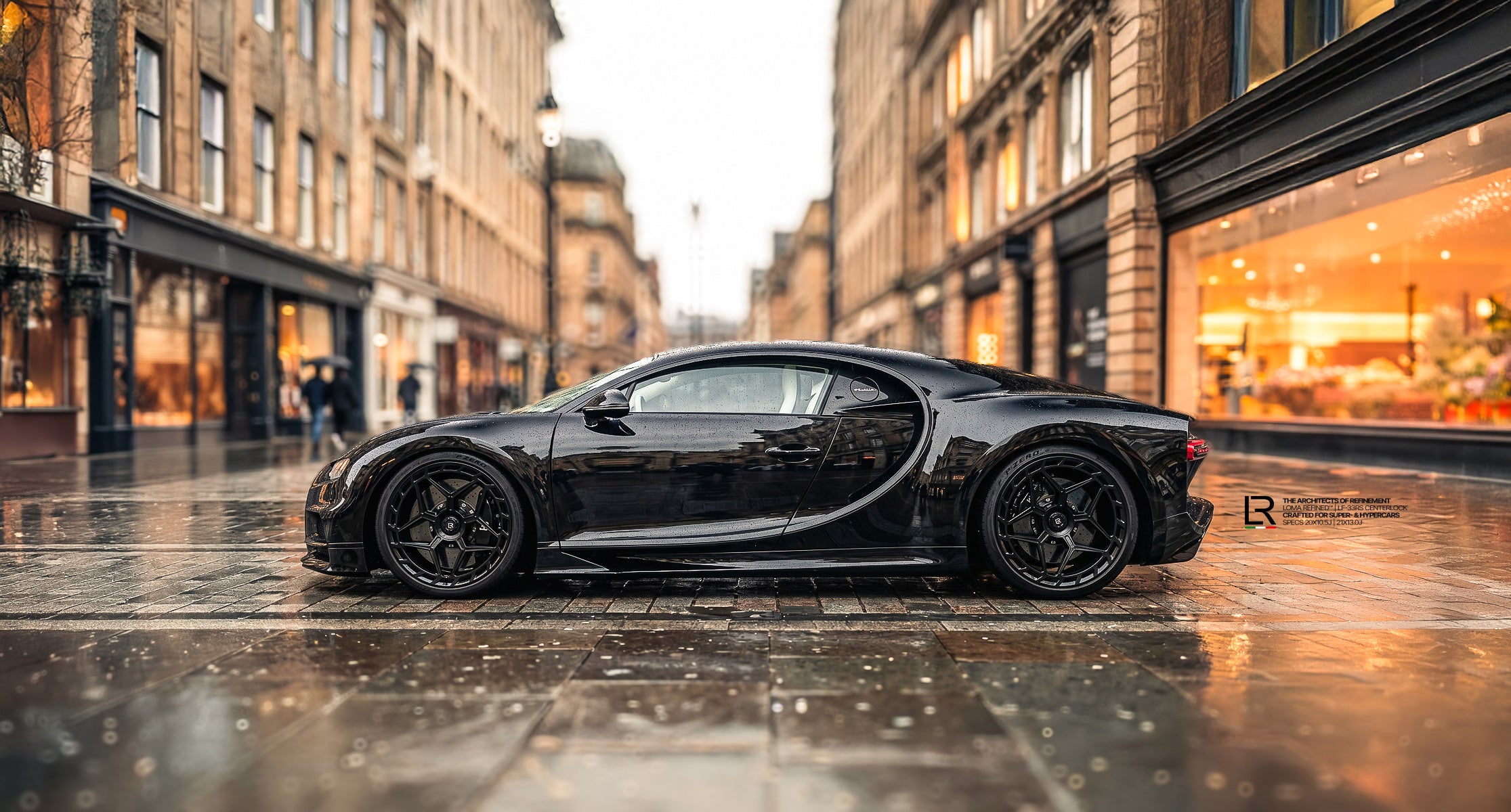 Custom Bugatti Chiron Tuning on LOMA Refined LF-33RS Centerlock Forged Wheels and Catless Downpipe full side view wallpaper.