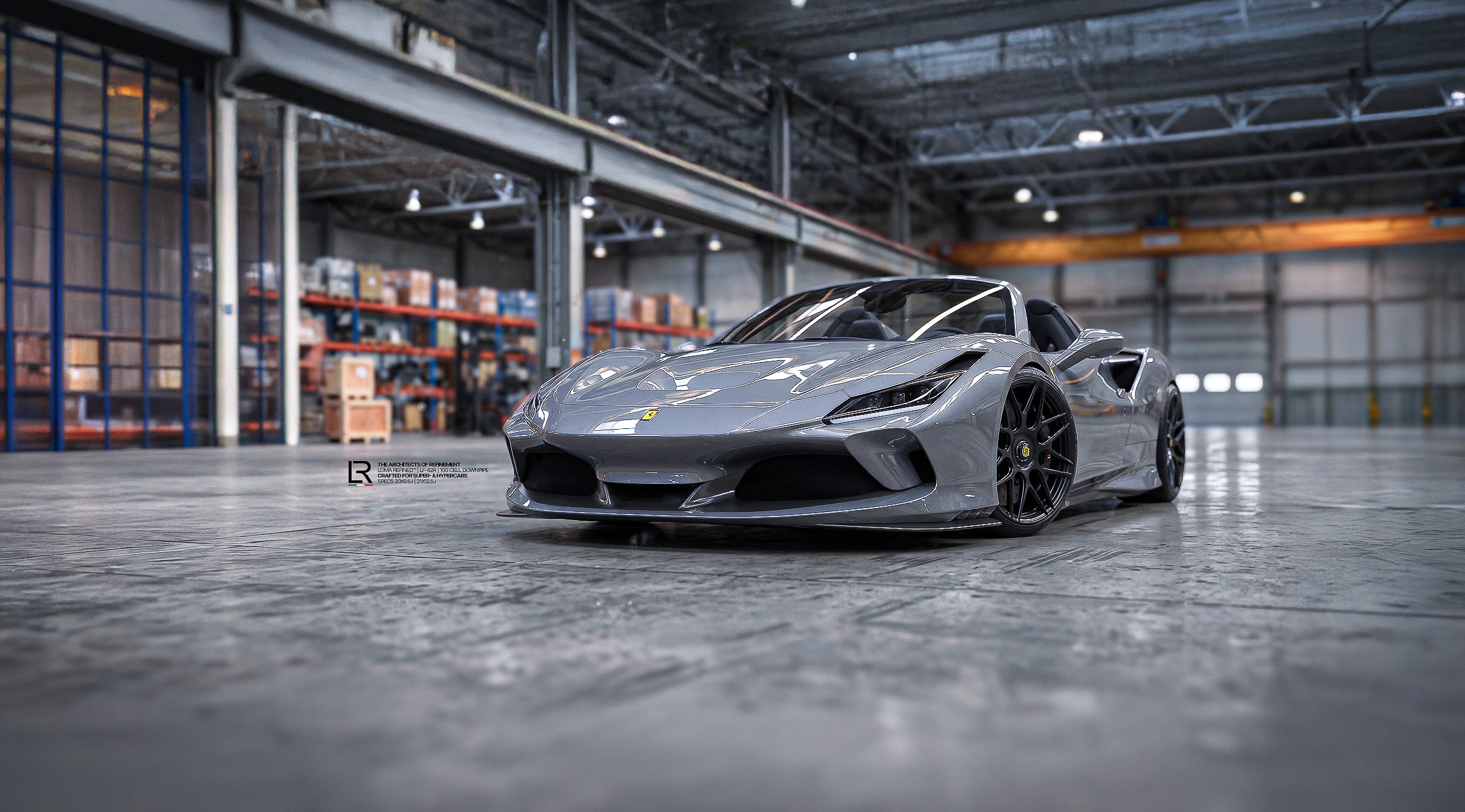 Custom Ferrari F8 stanced on LF-82R forged wheels stanced with new suspension and catless downpipe by LOMA Refined.
