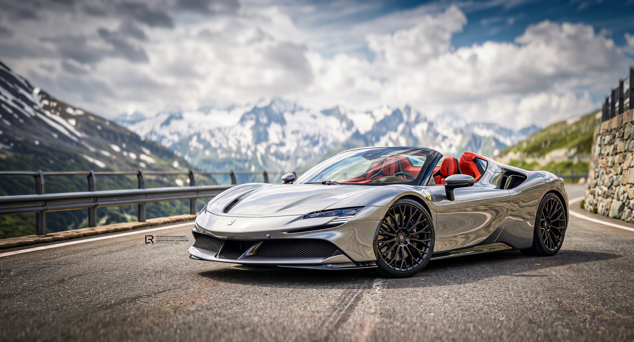 Ferrari SF90 Spider Custom Wheels LF-88R and Downpipe by LOMA Refined-Furka Pass Switzerland lower front side closeup view.
