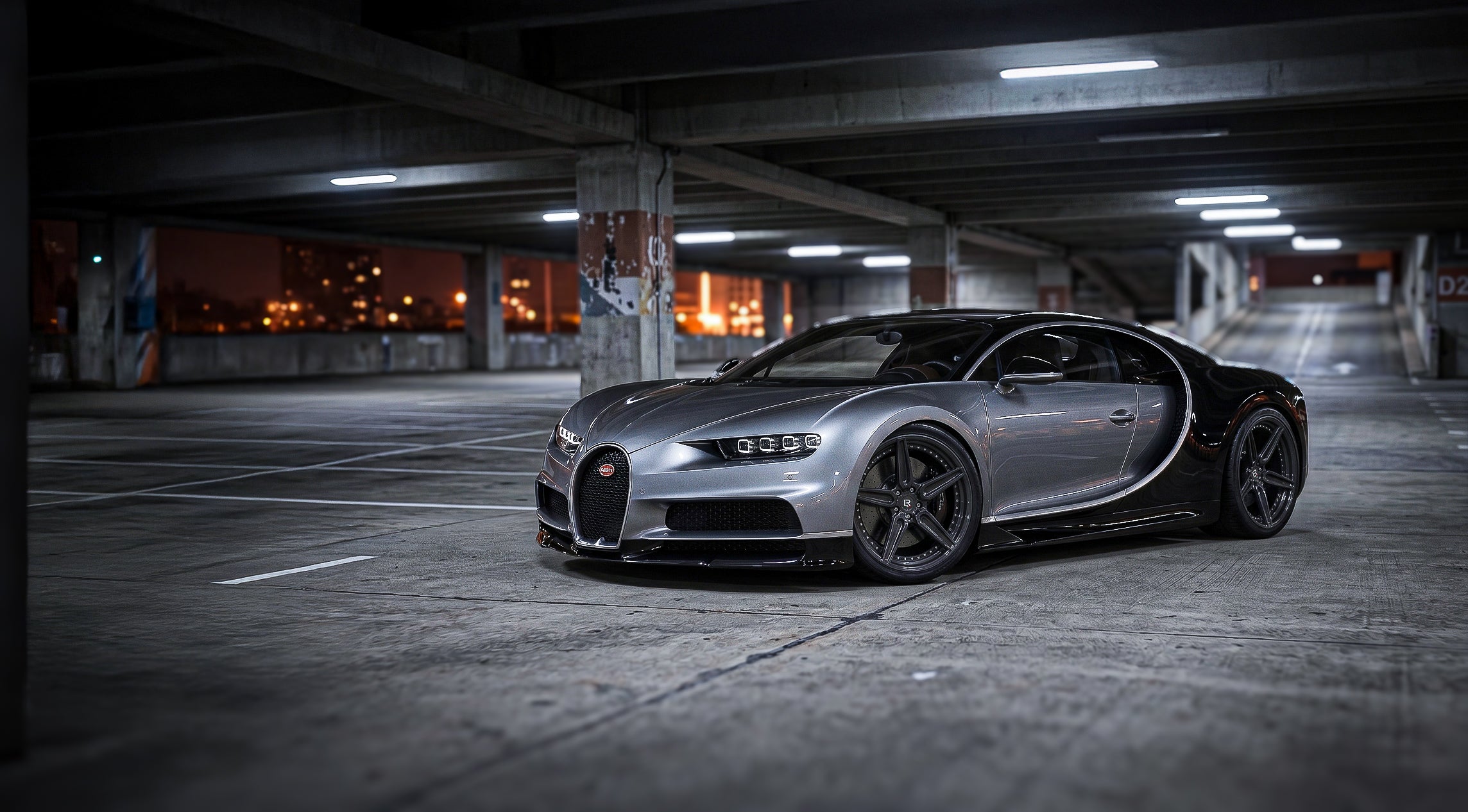 Bugatti Chiron Custom Wheels FX1 Superleague public garage front side view by LOMA Refined Wallpaper.