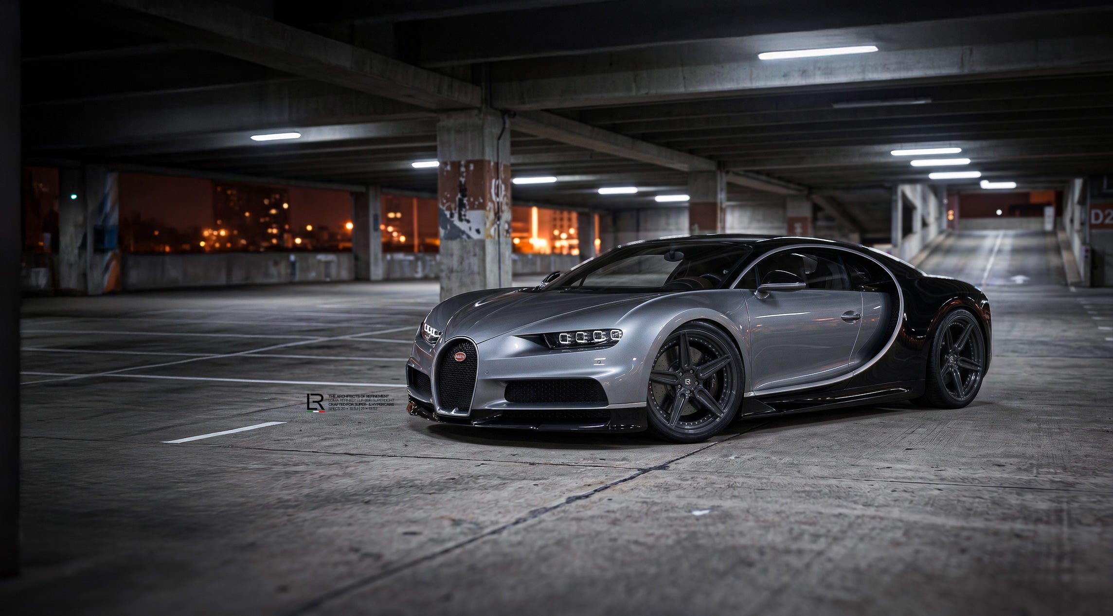 Bugatti Chiron Custom Wheels FX1 Superleague public garage front side view by LOMA Refined Wallpaper.