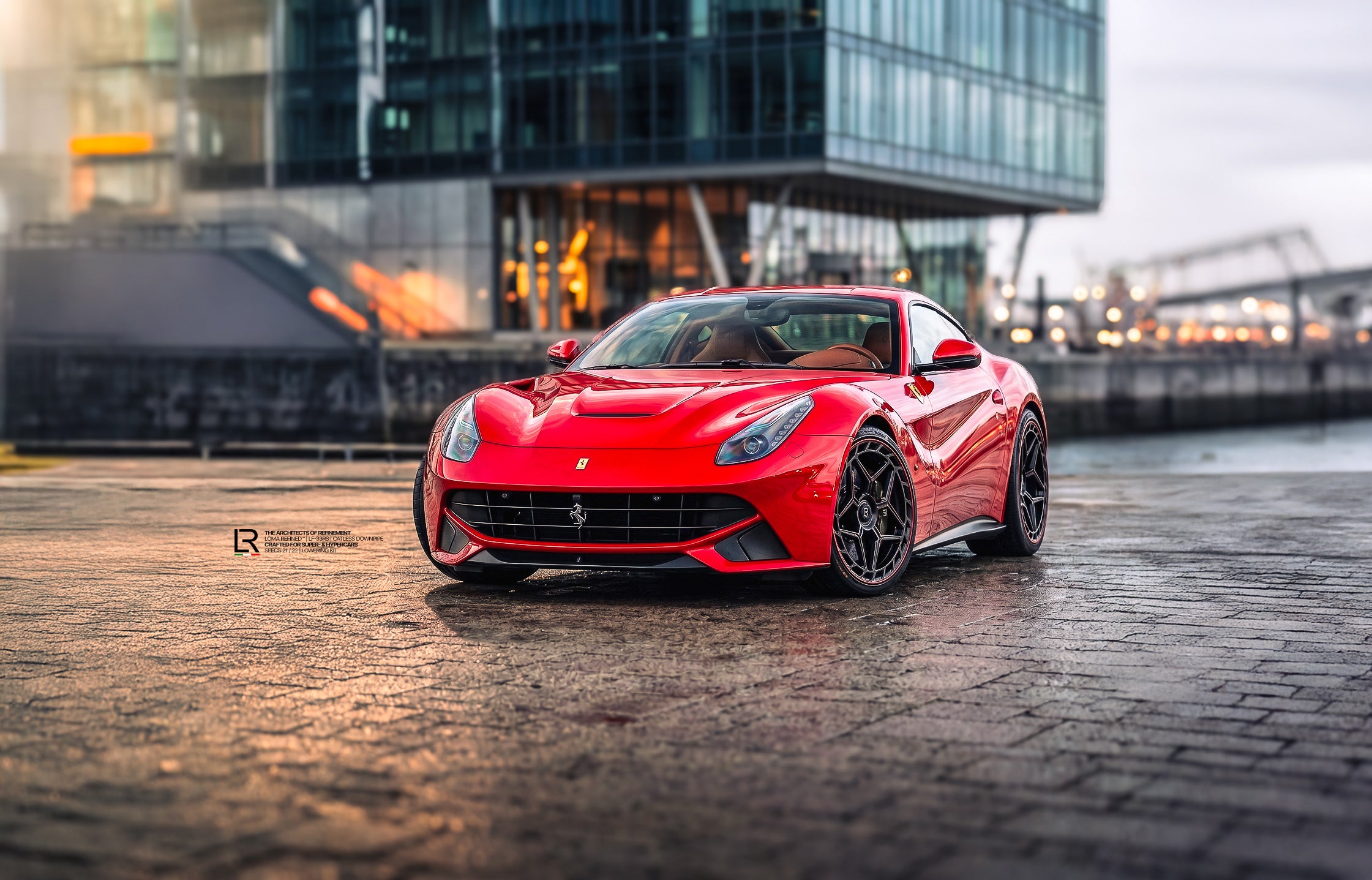 Custom Ferrari F12 Berlinetta on LOMA Refined LF-33RS Wheels and with Catless Downpipe and lowering kit front side wallpaper harbor-view.