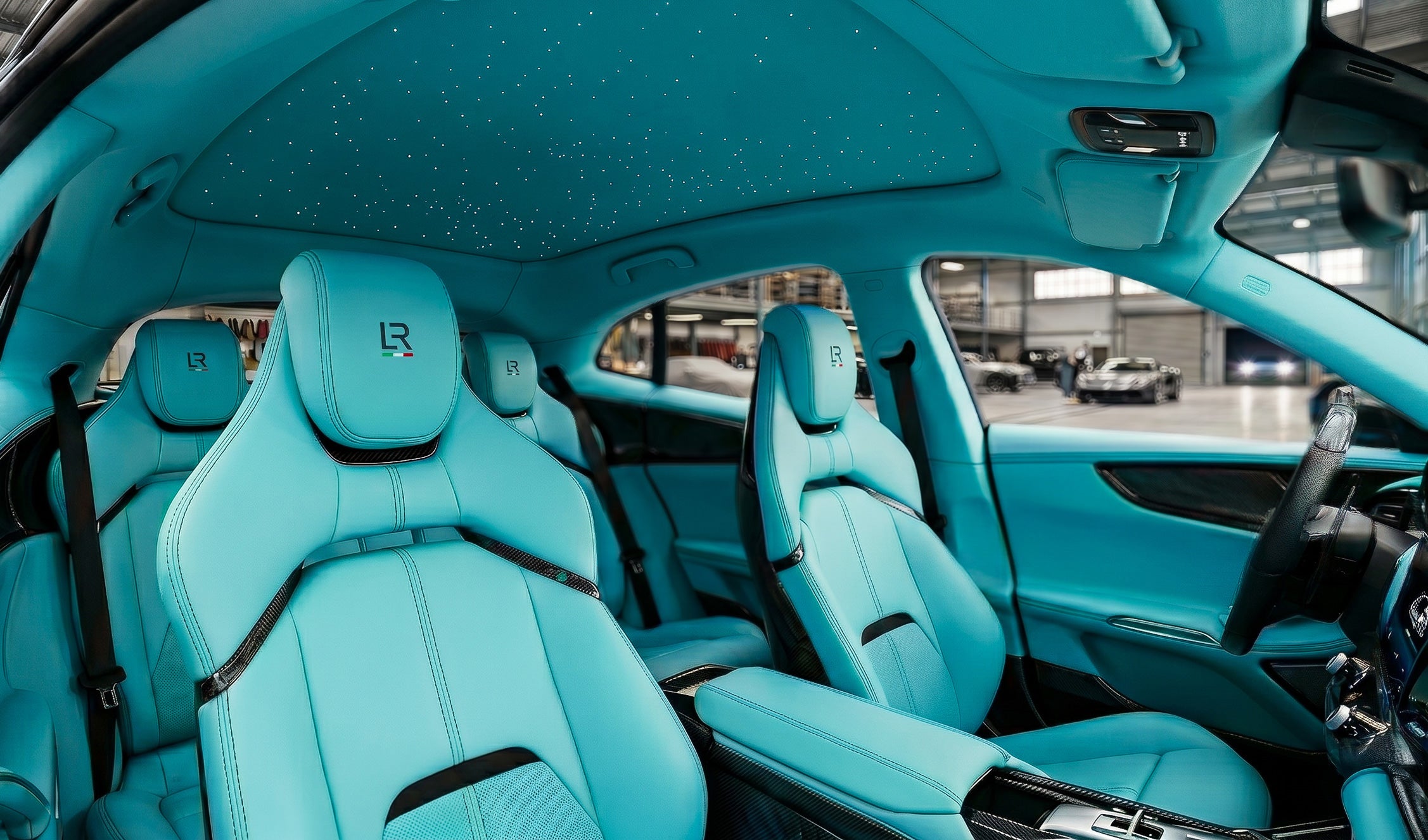 Custom Ferrari Purosangue Interior Tiffany Blue by LOMA Refined total inside view wallpaper.