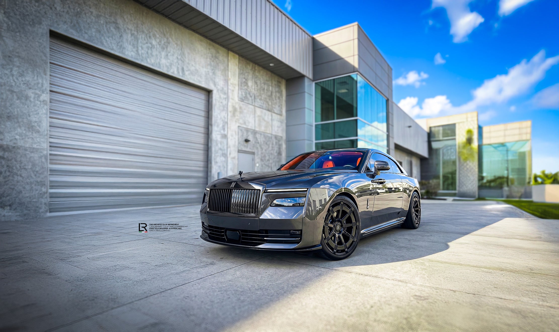 Custom Rolls-Royce Spectre Tuning on 24 Inch LOMA Refined Wheels front side detail wide angle view.