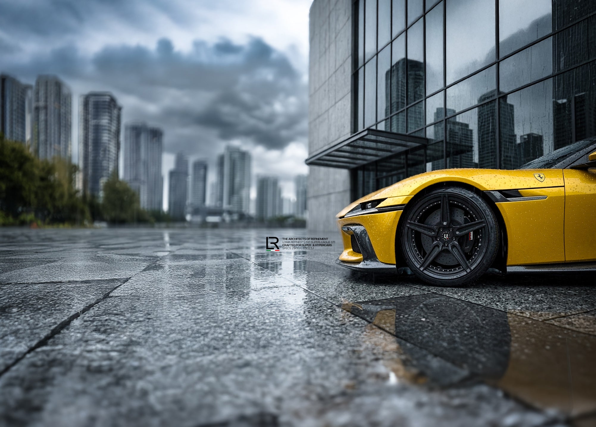 Ferrari 12Cilindri FX1 Superleague LOMA Refined front wheels closeup in the rain.