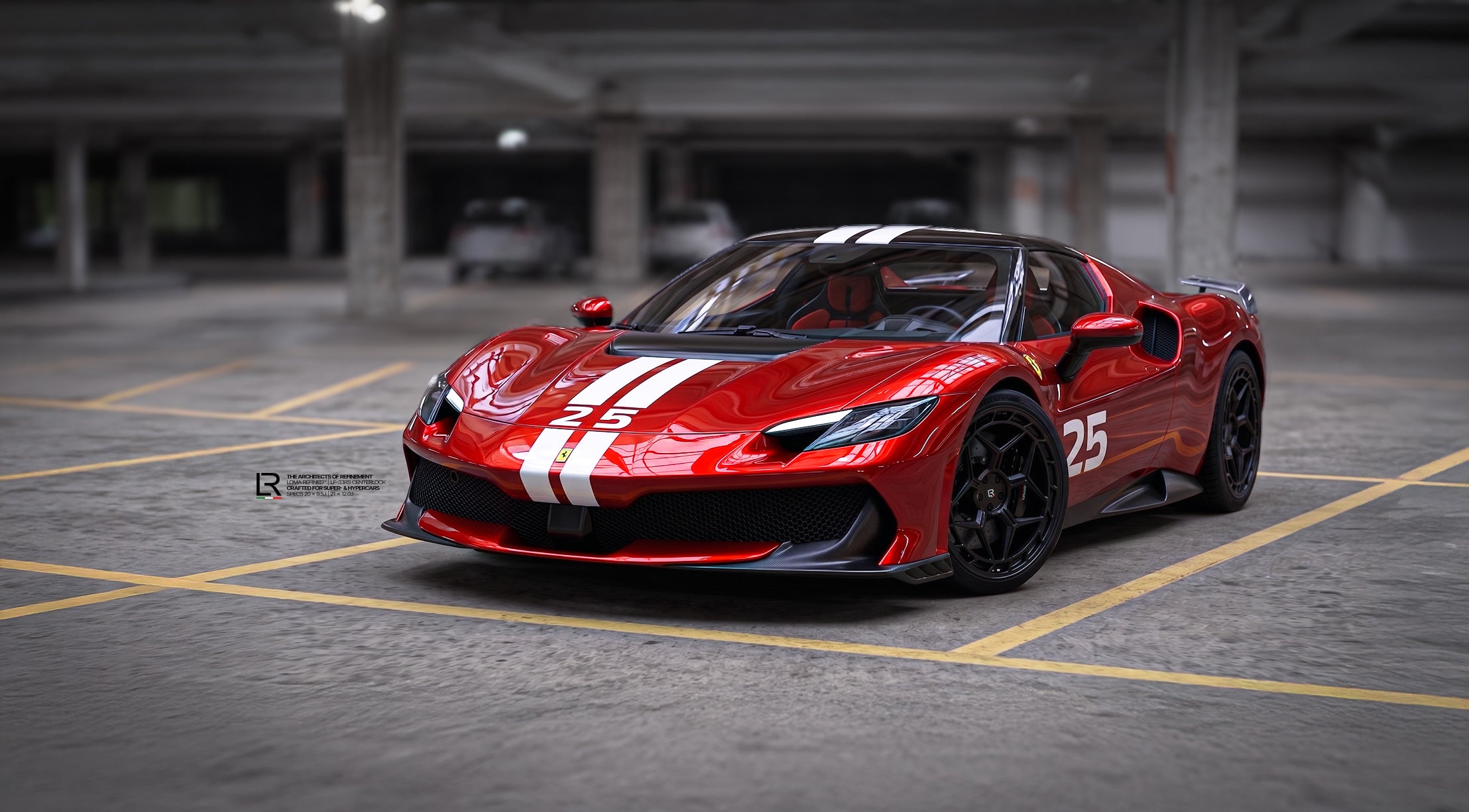 Ferrari-296-Speciale-Aperta-Red-with-Satin-Black-LF-33RS-LOMA-Refined-rims-front-side-view-garage-closeup-wallpaper.
