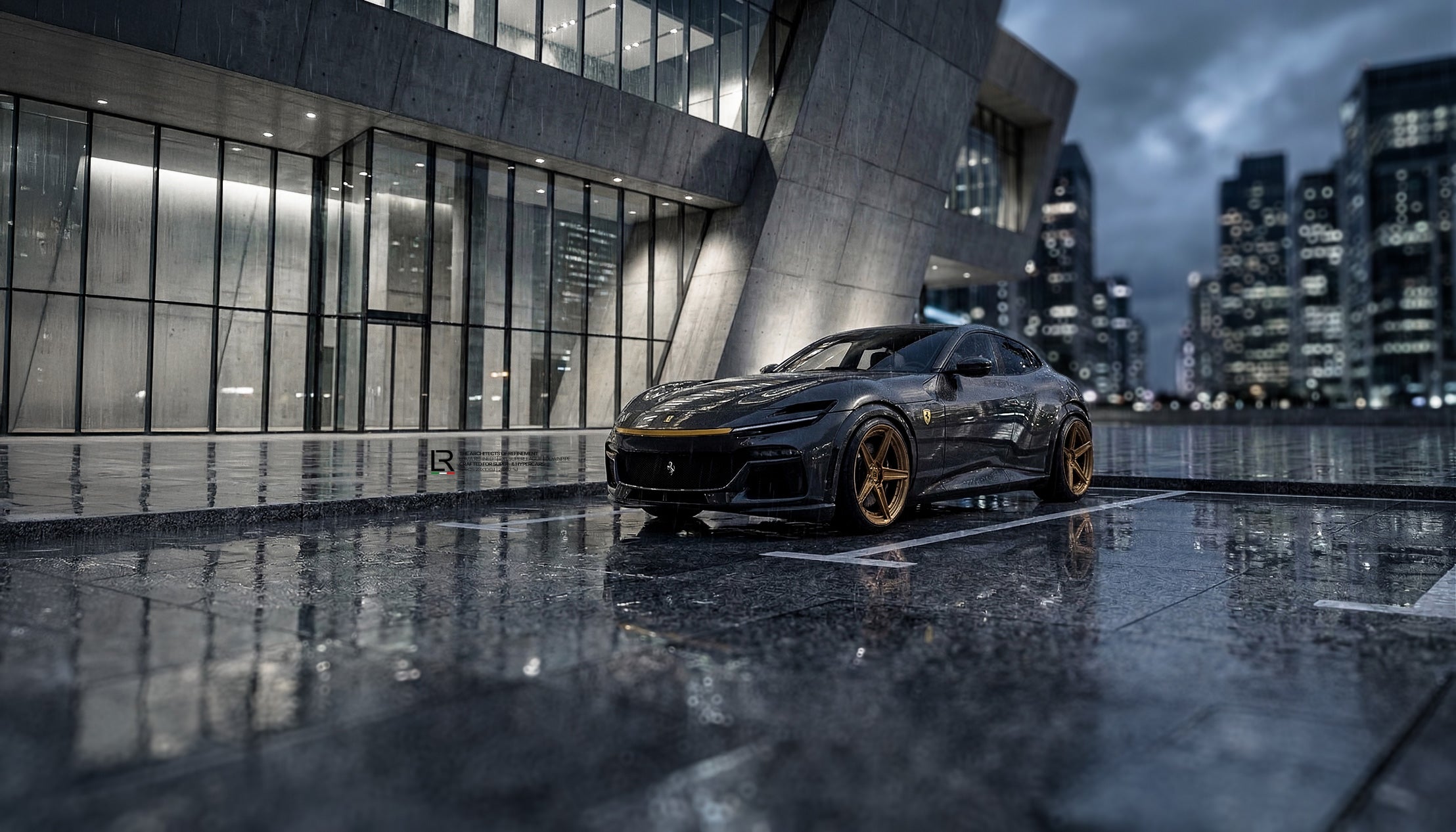 Ferrari-Purosangue-Custom-Wheels-Performance-Exhaust-rainy-night-shot-in-Dubai-by-LOMA-Refined.