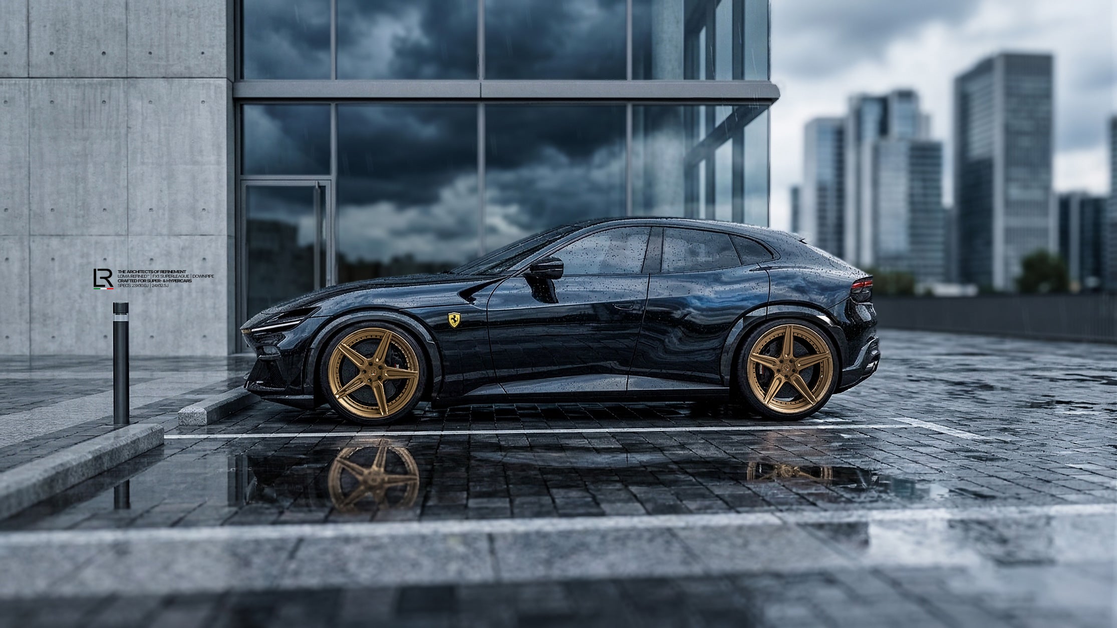 Ferrari Purosangue Custom Wheels Performance Exhaust side view in Dubai by LOMA Refined.