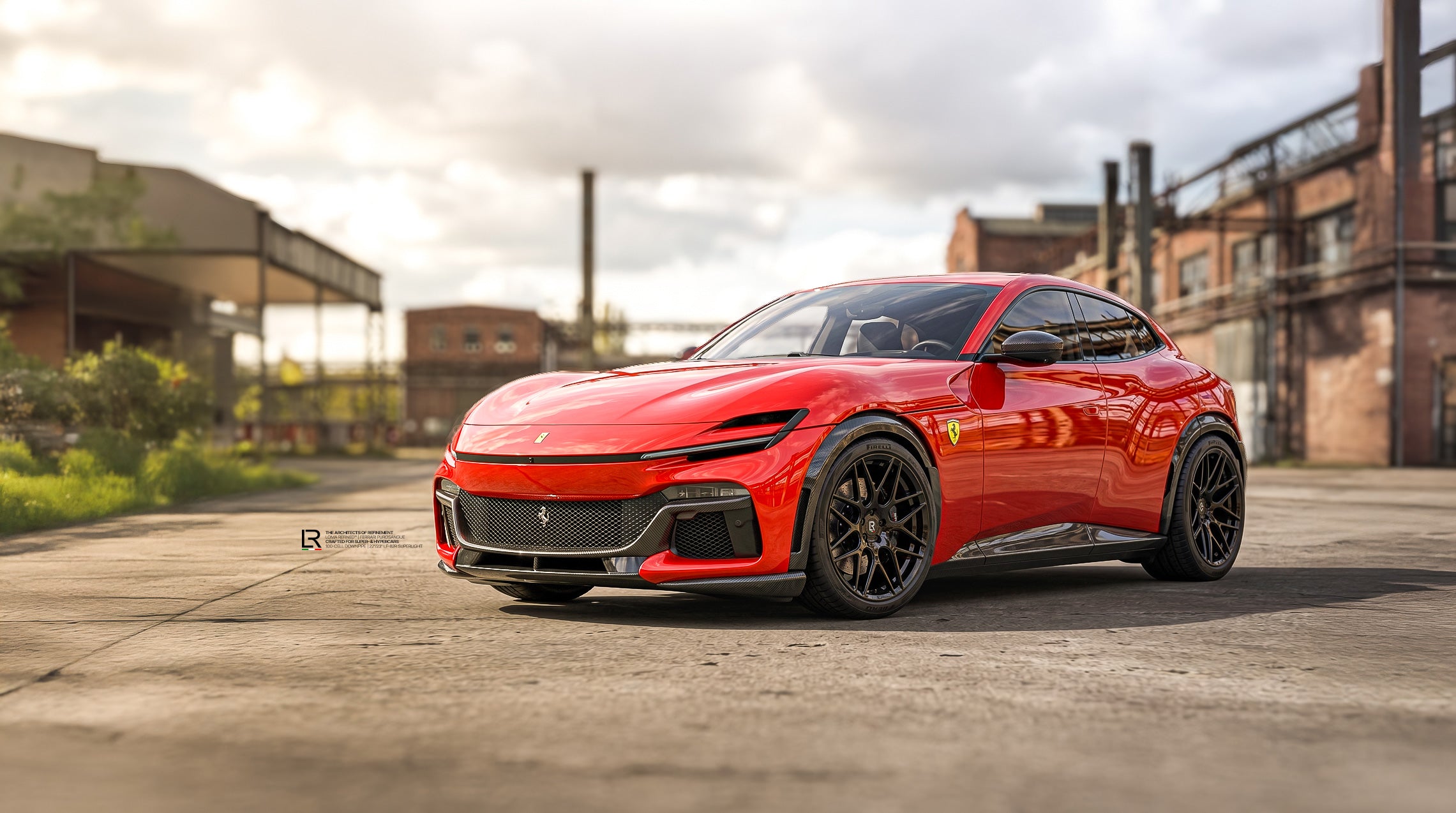Ferrari Purosangue Rosso Corsa Custom Forged Wheels and downpipe Performance by LOMA Refined lower front side angle.
