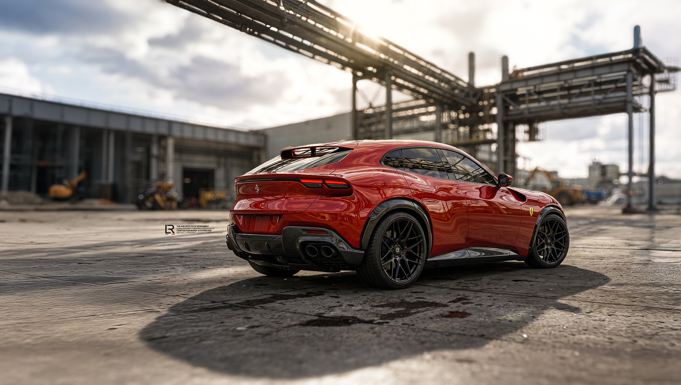 Ferrari Purosangue Rosso Corsa Custom Forged Wheels and downpipe Performance by LOMA Refined lower worm rear side wide angle.