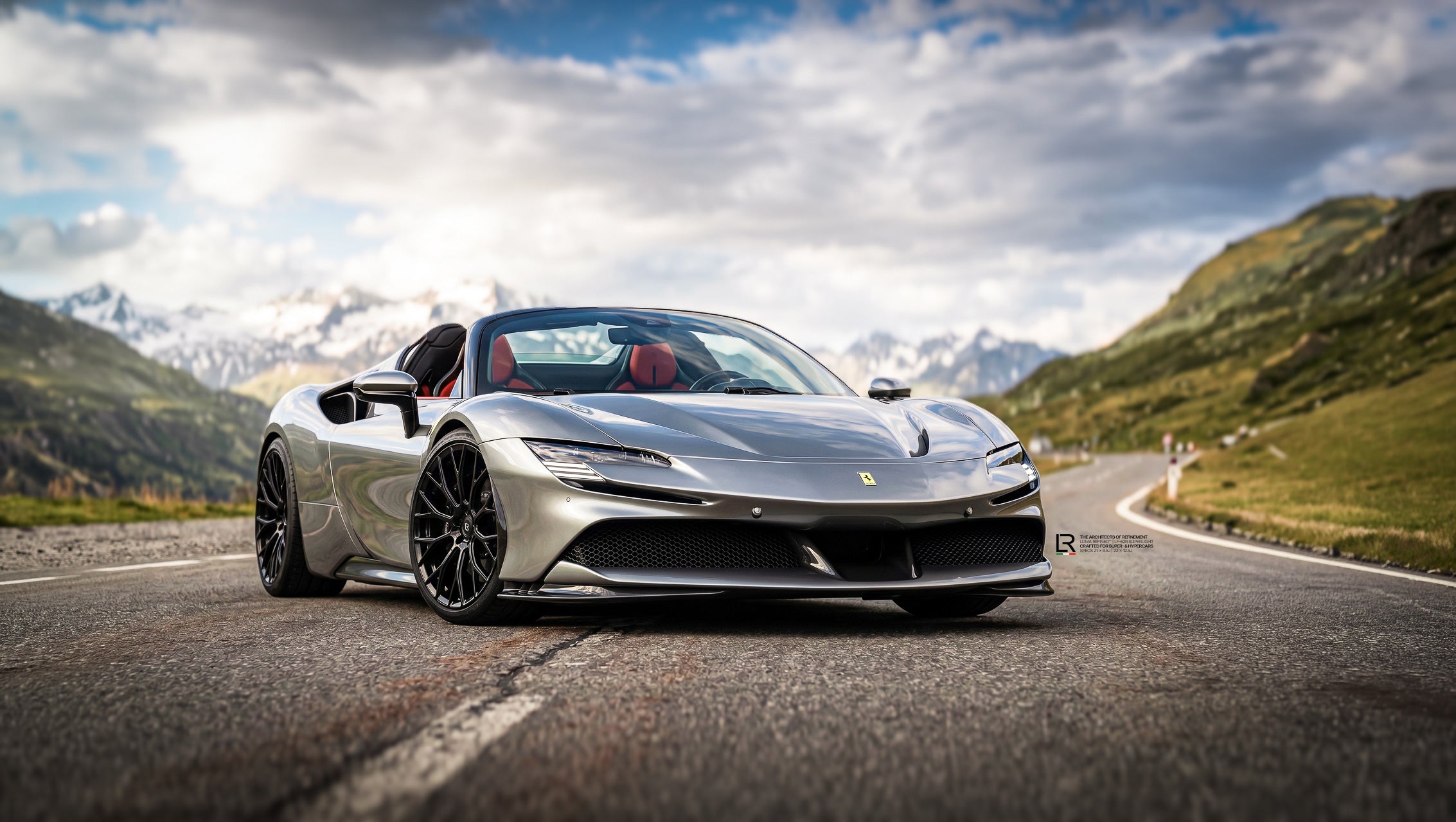 Ferrari SF90 Spider Custom Wheels LF-88R and Downpipe by LOMA Refined Furka Pass Switzerland lower front rims closeup view.
