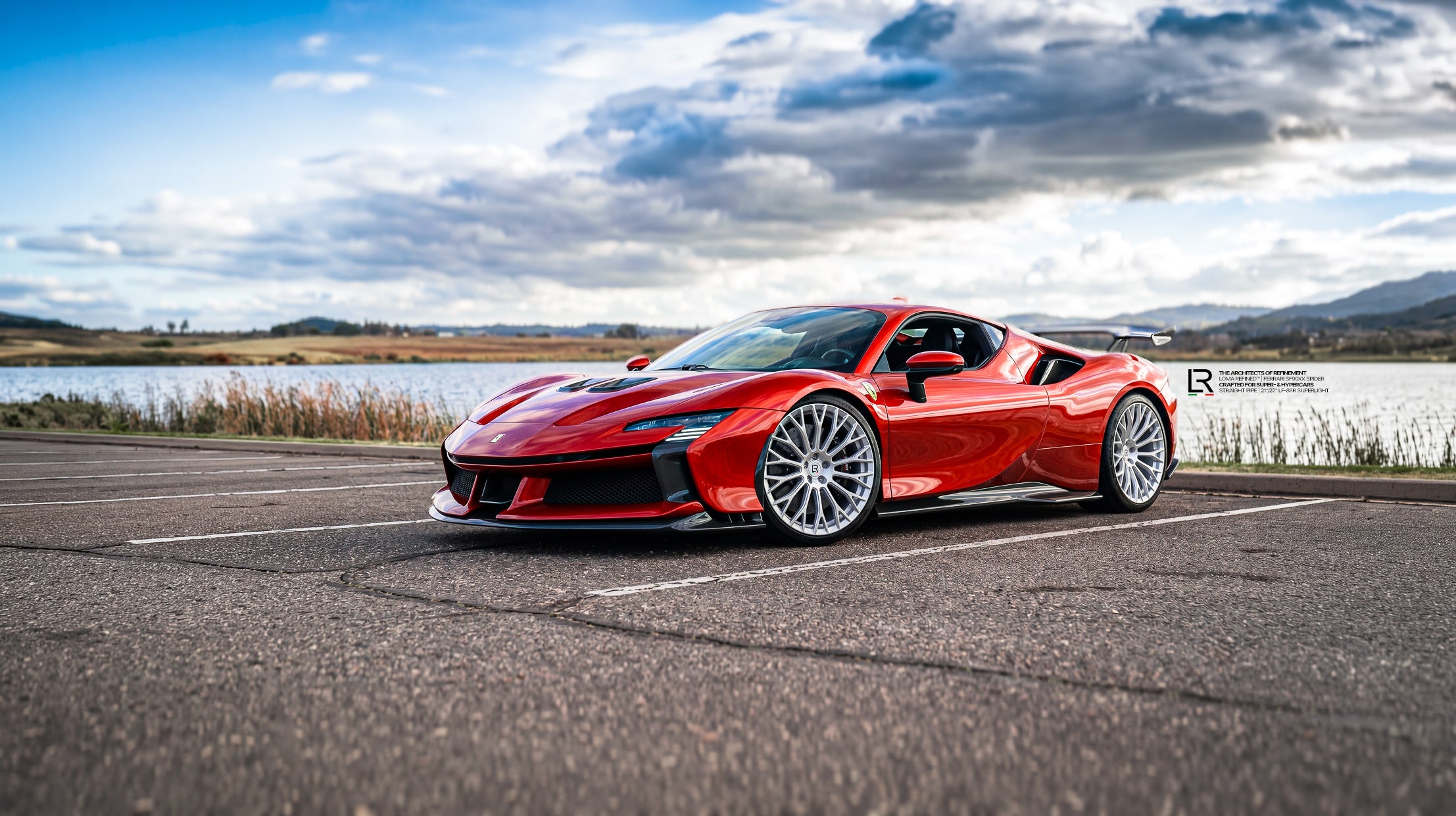 Ferrari SF90XX Spider Custom Wheels-LF-88R and Downpipe by LOMA Refined F lower front side mega wallpaper.