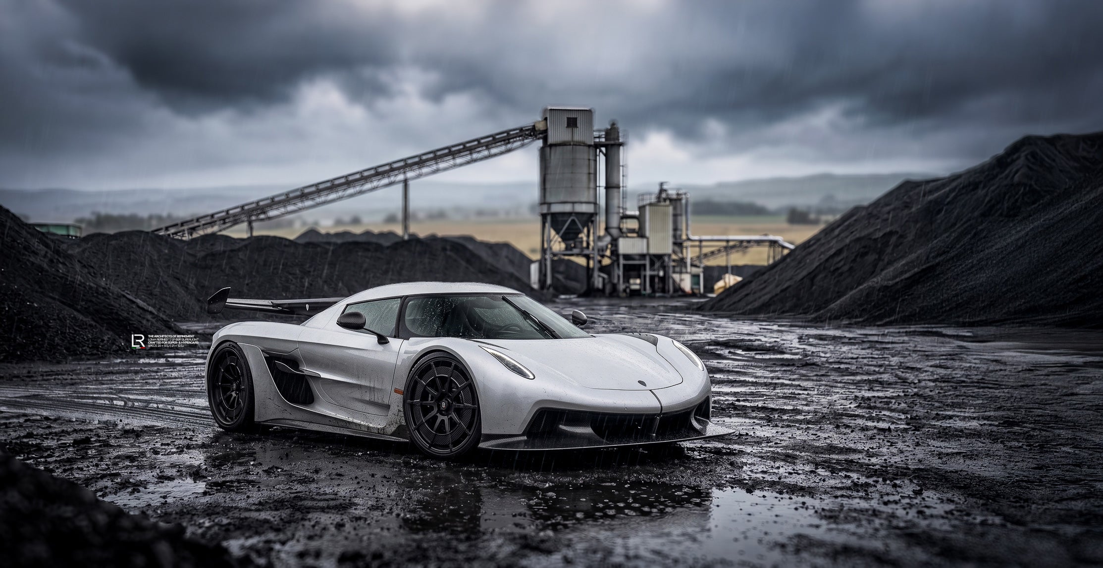 Koenigsegg-Jesko-White-performance-and-custom-wheels-and-rims-by-LOMA-Refined-front-side-shot-with-DRL-lights-on-wallpaper.