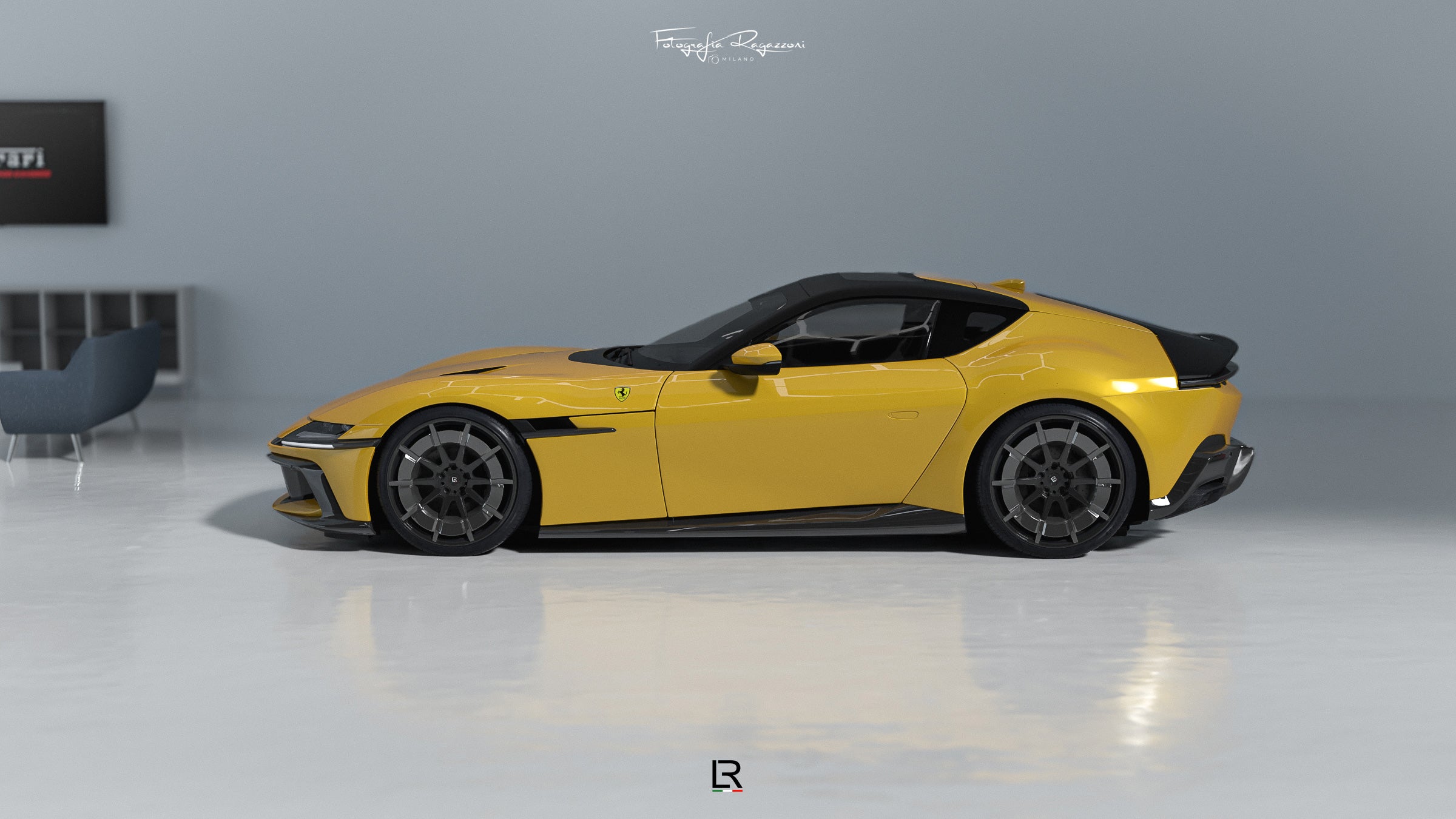 LOMA-Refined-Ferrari-12Cilindri-Giallo-Montecarlo-full-side-view-of-the-22-inch-custom-rims-with-carbon-fiber-and-lowering-springs-with-downpipe.