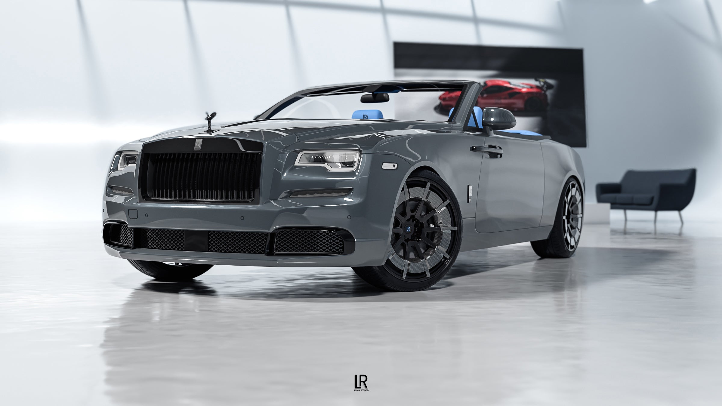 LOMA-Refined-Rolls-Royce-Dawn-front-view-of-the-sport-suspension-and-carbon-fiber-rims-in-22-inches.