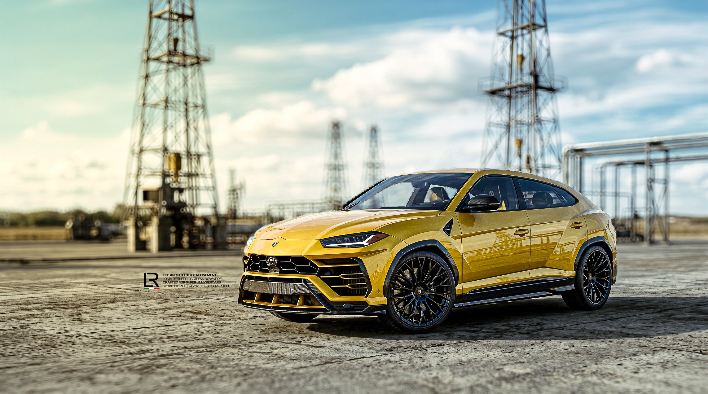 Lamborghini Urus SE on custom forged wheels LF-88R and catless downpipe lower camera closeup view by LOMA Refined Wallpaper.