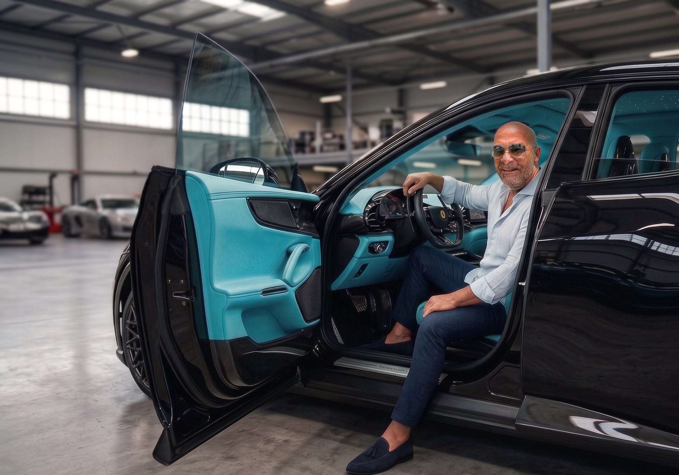 Mario Radosavljevic in his custom Ferrari Purosangue with Tiffany Blue Leather.