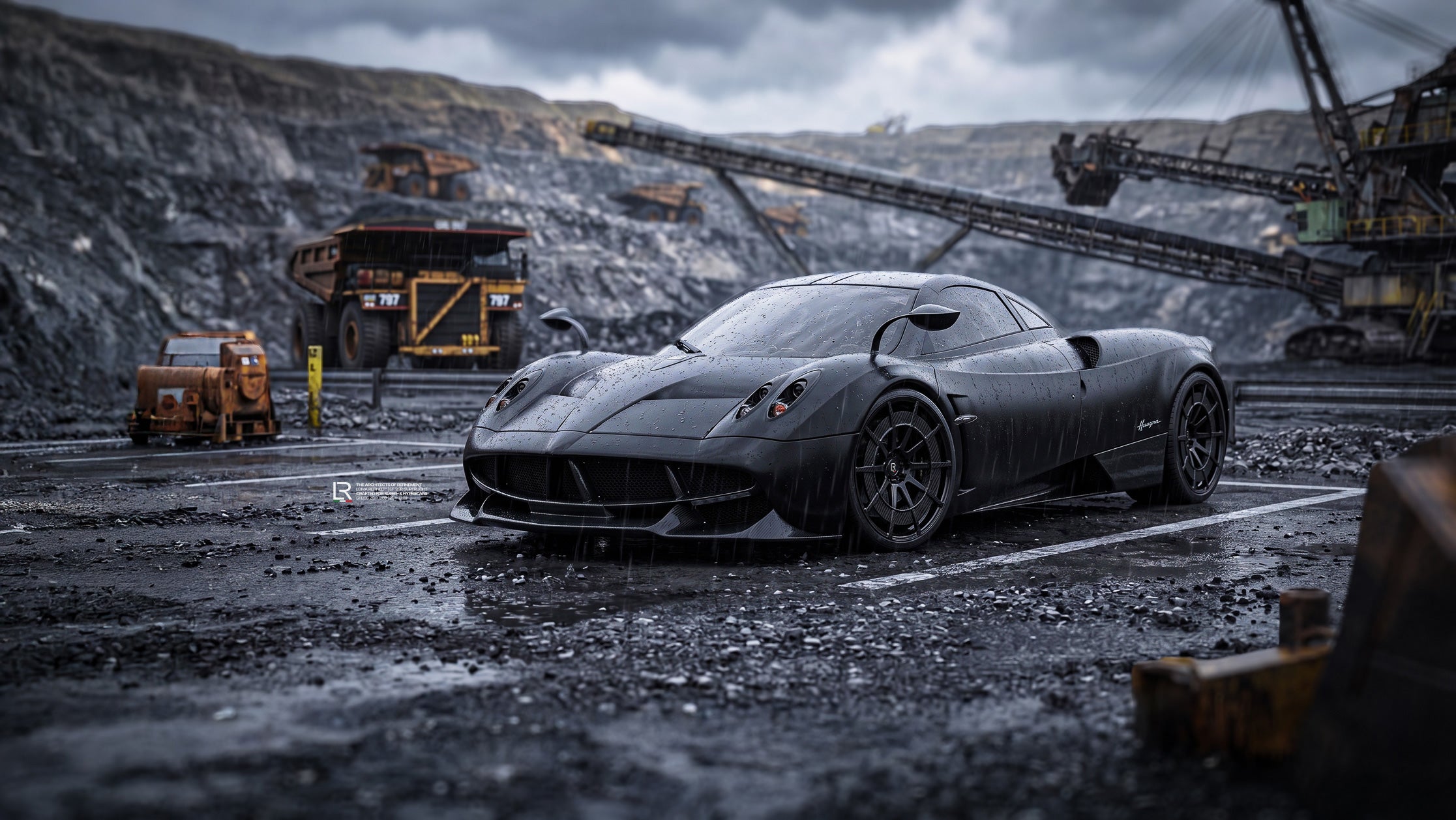 Pagani Huayra Custom Wheels and Performance by LOMA Refined front driver side view closeup coal mine wallpaper.