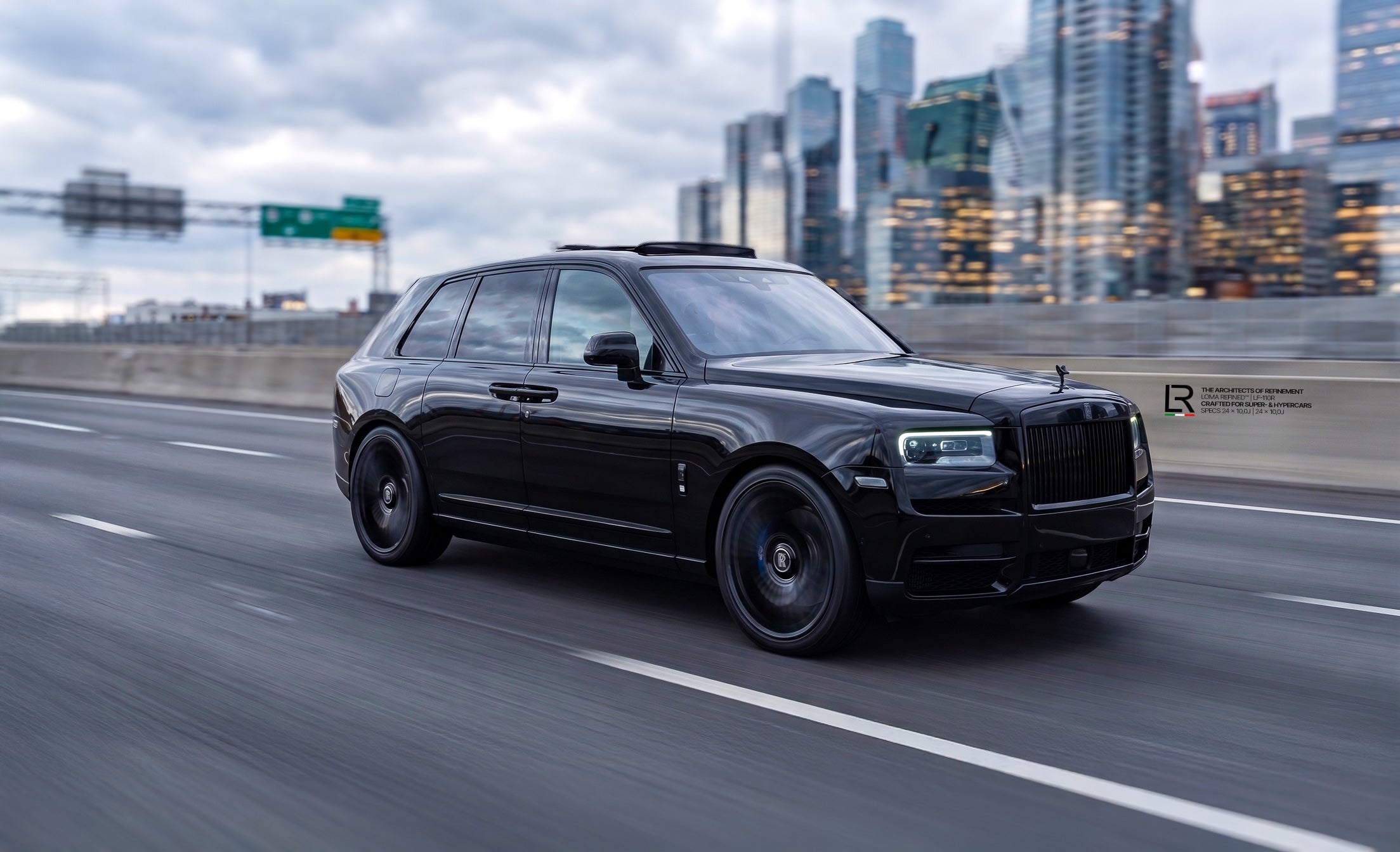 Rolls-Royce-Cullinan-Black-Badge-custom-rims-and-wheels-driving-shot-in-Dubai.