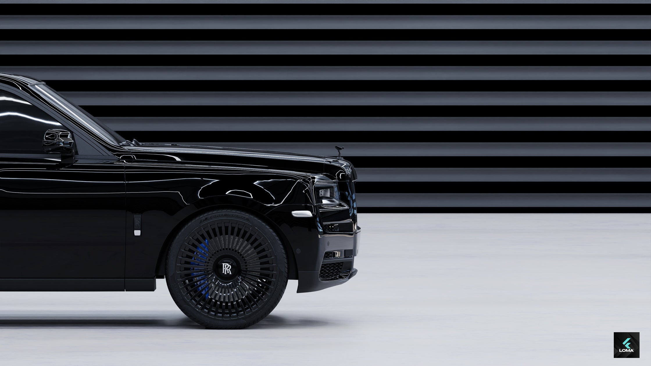 Rolls-Royce Cullinan Black Badge front/side view on LOMA custom wheels with a floating cap and the RR logo.