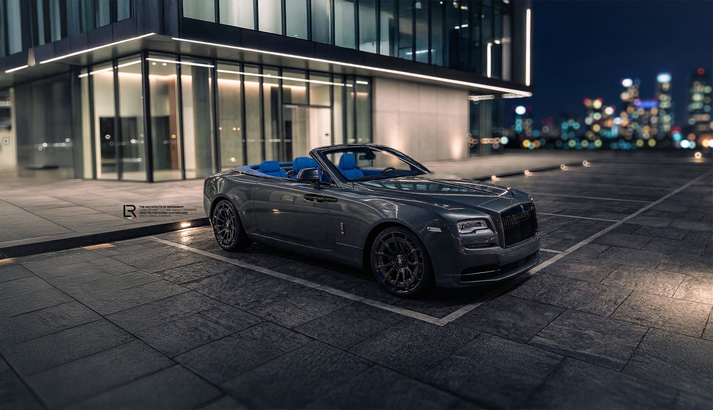 Rolls-Royce-Dawn-Custom-Rims-and-Wheels-by-LOMA-Refined-parking-night-shot-in-Dubai.